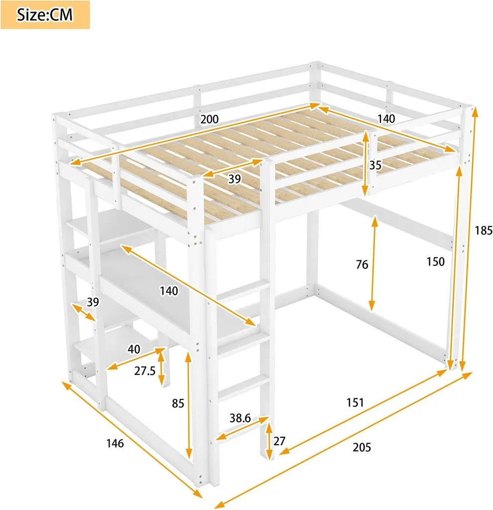 Lit surélevé 140x200 cm : solution gain de place avec bureau et rangements