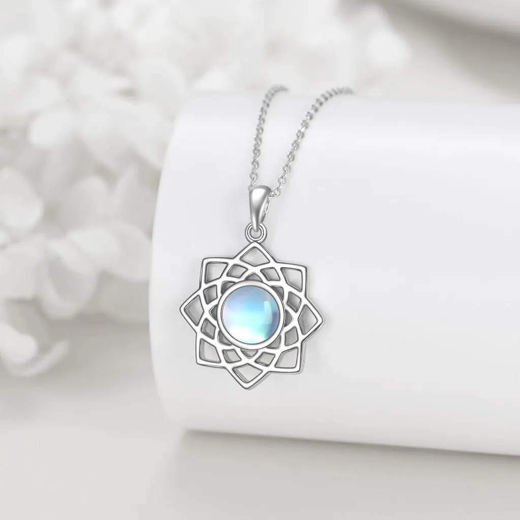 Collana Yoga Fiore Di Loto In Argento 925 Con Pietra Di Luna - Ciondolo Regolabile 18+5 Cm, Regalo Per Donne, Mamma E Amiche