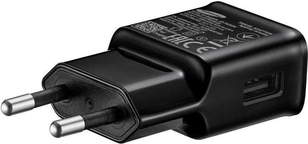 A black Samsung USB-A fast charge power adapter with European plug prongs.