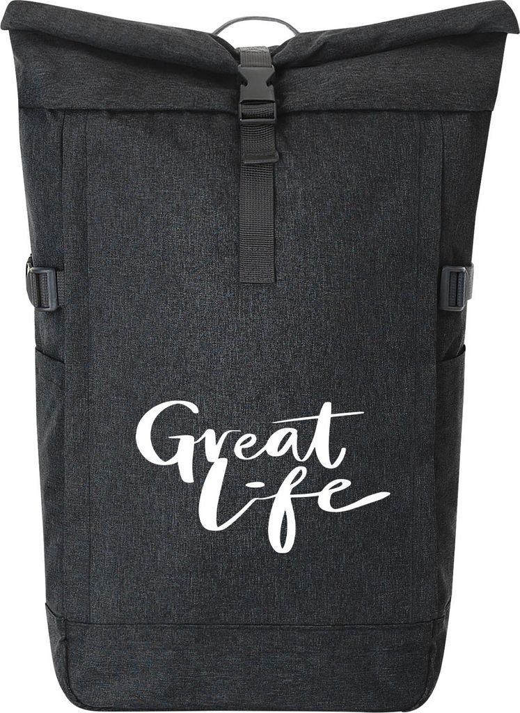 Huuraa Kurierrucksack Great Life Schriftzug 30-44 Liter Black Melange Fairtrade Rolltop Rucksack Geschenkidee