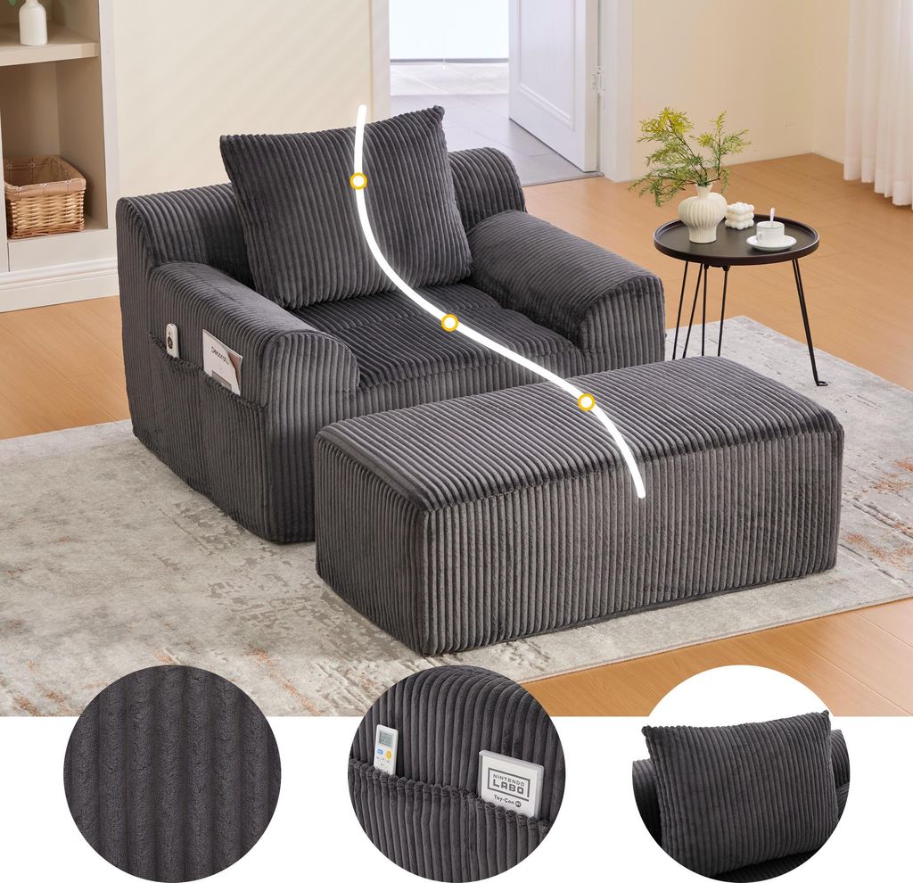 Übergroßer Sofasessel mit Steigbügeln, Lesesessel aus Kordsamt mit Seitentaschen und Kissen, tiefer Sitz, moderner gepolsterter Sessel, weicher ...