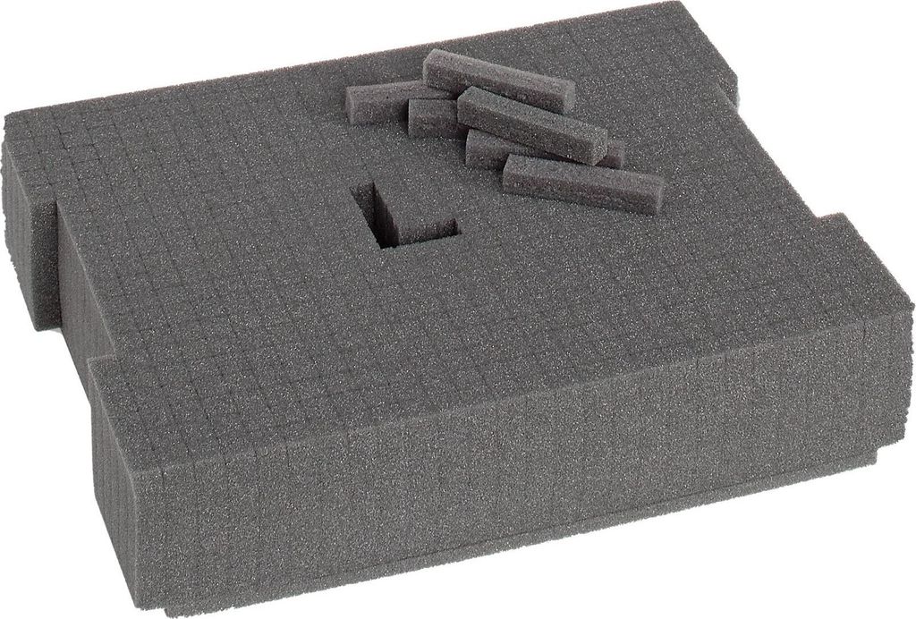 A gray foam insert with pre-cut squares, designed to fit inside a L-BOXX.