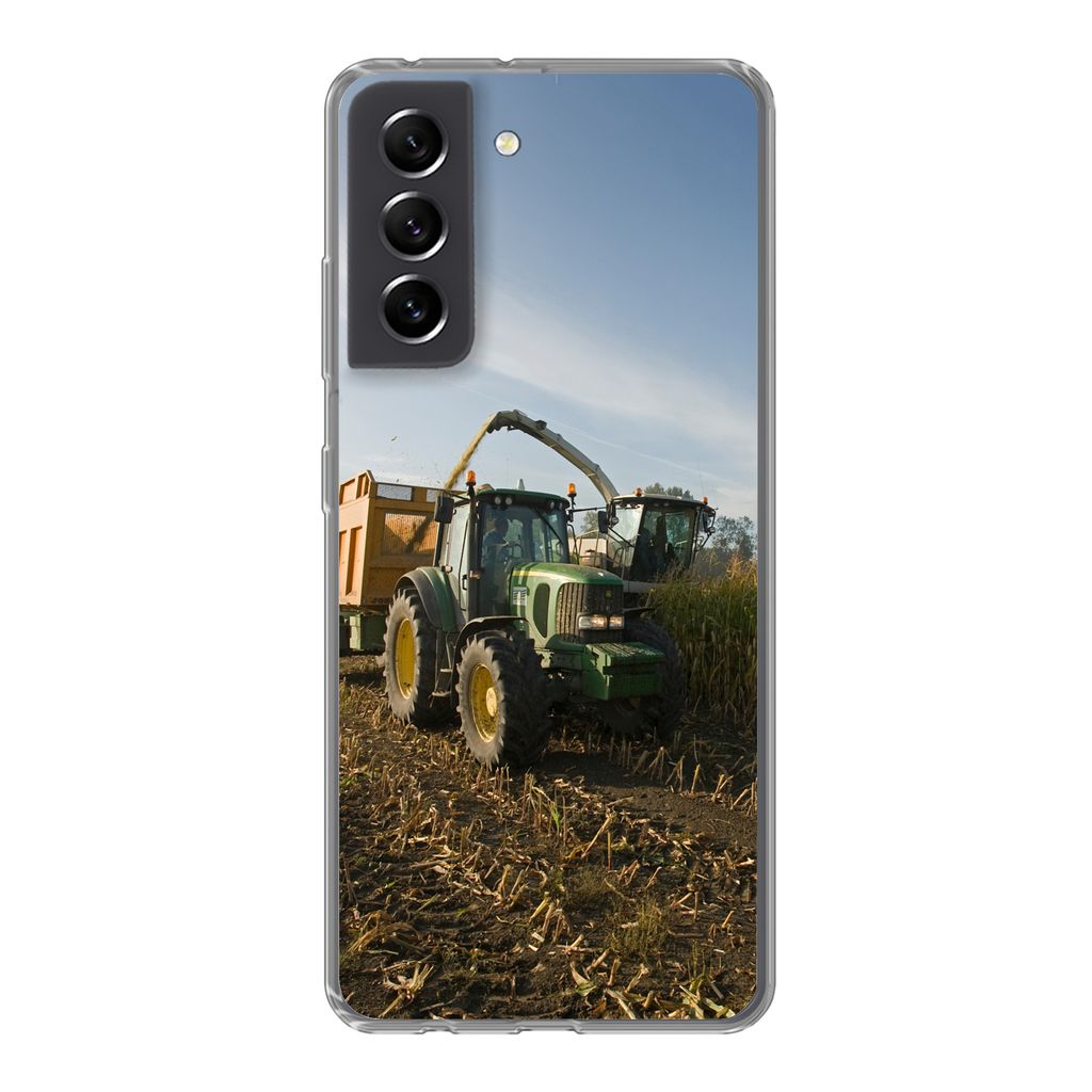 MuchoWow Handyhülle Schutzhülle Hülle für Samsung Galaxy S21 FE Traktor - Anhänger - Mais - Grün - Landleben Silikon Softcase Handy Hülle ...