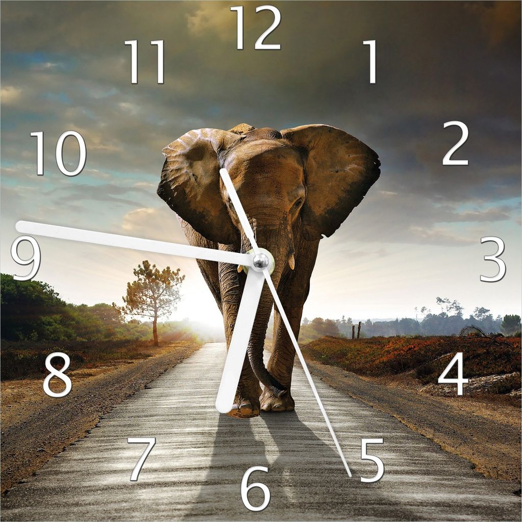 Wallario Design Wanduhr Elefant bei Sonnenaufgang in Afrika aus Echtglas, Größe 20 x 20 cm
