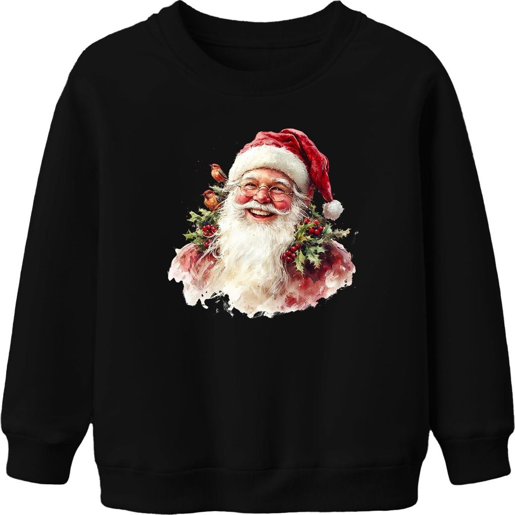 Weihnachtsmann Aquarell Vintage Stechpalme Rotkehlchen Geschenk Uni Kinder Sweatshirt Pullover, Schwarz, 104
