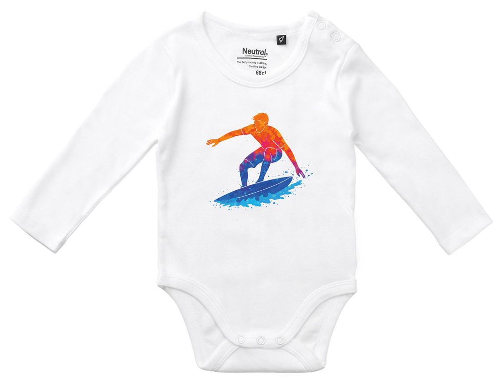 Huuraa Baby Body Surfen bunte Silhouette 68 White Baumwolle Fairtrade Langarmbody Geschenkidee