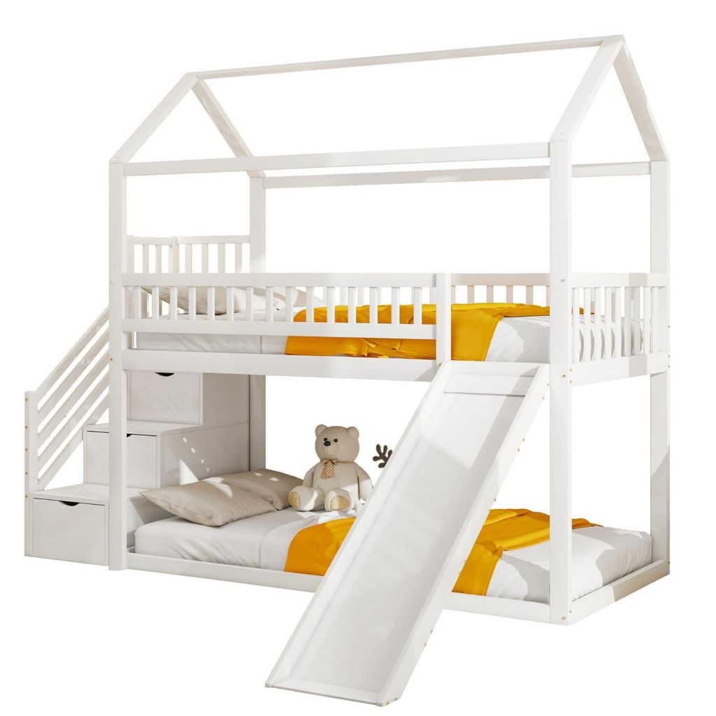 Kinderetagenbett 90*200cm, Hochbett(Weiss)mit Rutsche und Stauraumleiter, hohe Zaunkonstruktion, Massivholzbettrahmen, Lattenrost