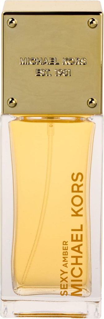 A close-up studio shot of a Michael Kors Sexy Amber eau de Parfum bottle.
