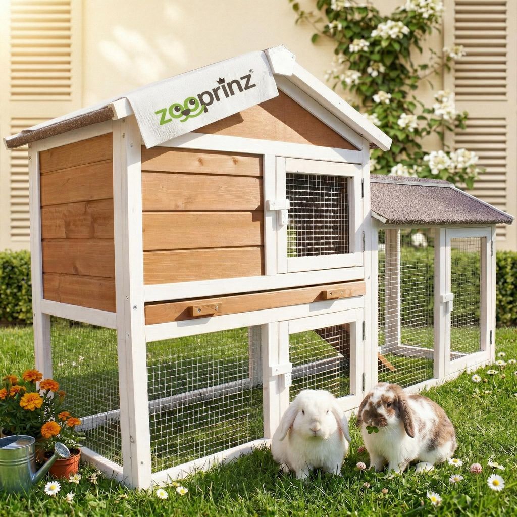 zooprinz Hasenstall Hofstadl mit Auslauf wetterfestes Bitumendach Kiefernholz Metall Schublade 146x86x50cm (BxHxT)