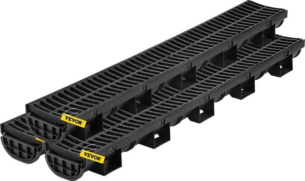 Sistema di drenaggio a fossa, canale di scolo con griglia in plastica, fossa di drenaggio in HDPE 145x79 mm, scarico per pavimento garage in plastica nera, griglia per fossa di drenaggio 3x39, con 3 tappi terminali, per giardino, vialetto - confezione da 3 - 1