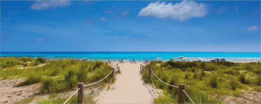 Wallario Poster - Sandweg zum blauen Meer mit blauem Himmel, Kunstdruck Größe: 80 x 200 cm