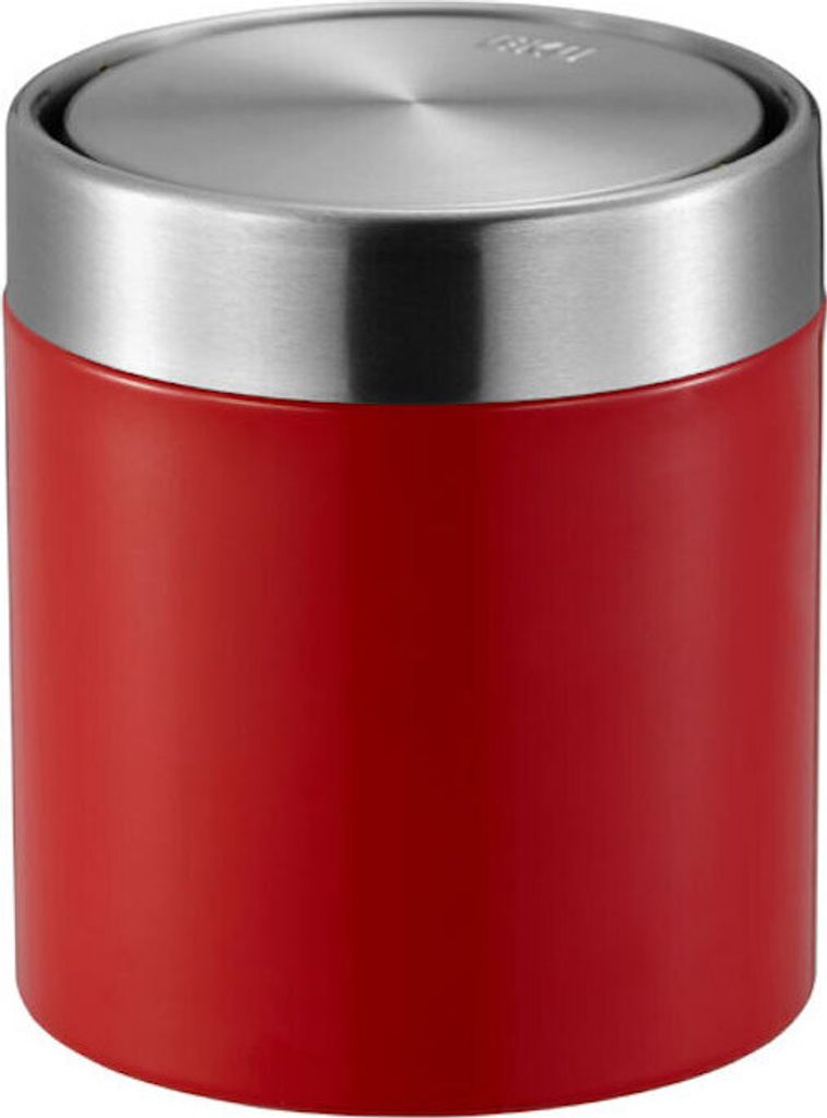 Schön geformter Tischabfallbehälter mit Flachschwingdeckel | 1,5 Liter, HxØ 13,8x12cm | Edelstahl / Rot