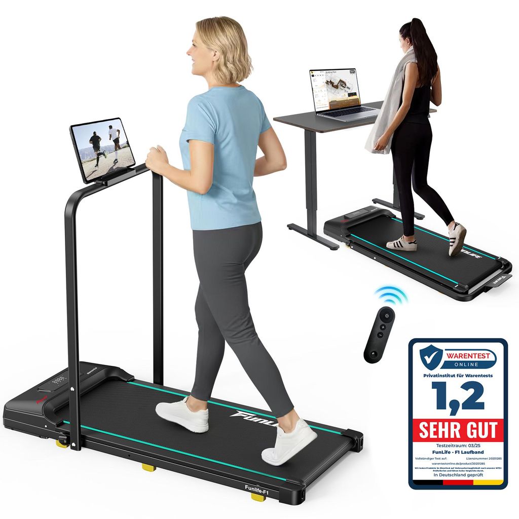 FunLife F1 Laufband klappbar – 3-in-1 Walking Pad (1–8 km/h) mit Haltegriff, kompakt & leise für Zuhause, Büro, Senioren & Reha, blau