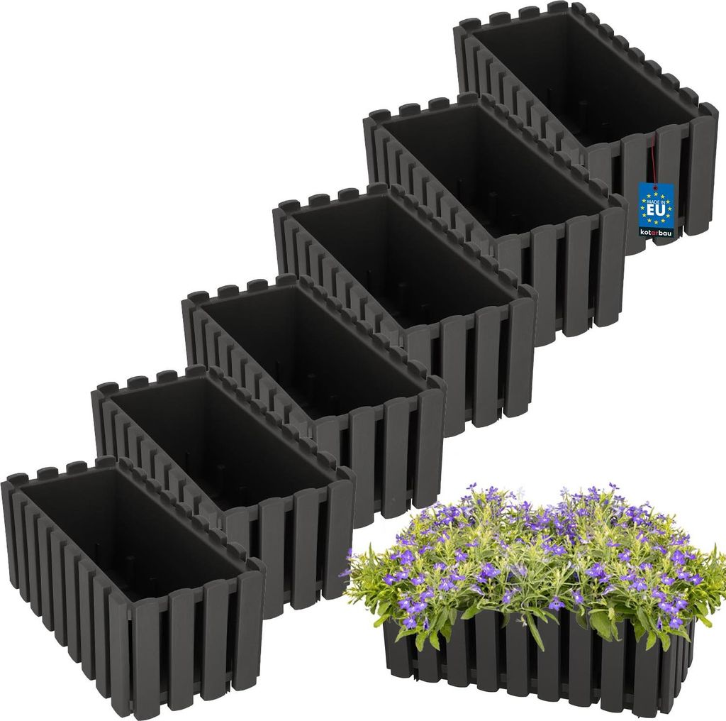 KOTARBAU 6er Set Blumenkasten Blumentopf 38x18x16 cm Grau Kunststoff Pflanzkasten Balkonkasten Pflanzkübel Rechteckig Übertopf Groß Blumenkast...