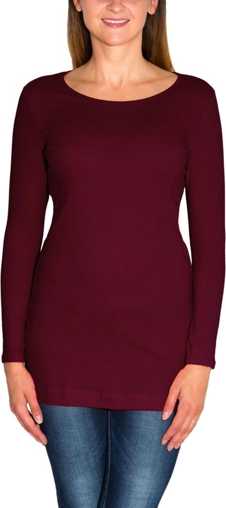 Alkato Damen Langarm Longshirt Langarmshirt Tunika Basic Shirt, Farbe: Weinrot, Größe: XL