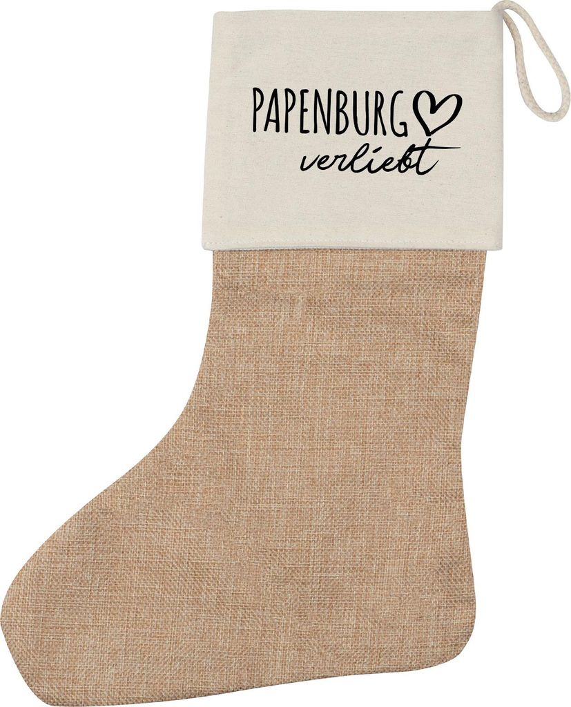 Huuraa Weihnachtsstrumpf Papenburg verliebt Beige Jute Kaminstrumpf Geschenkidee