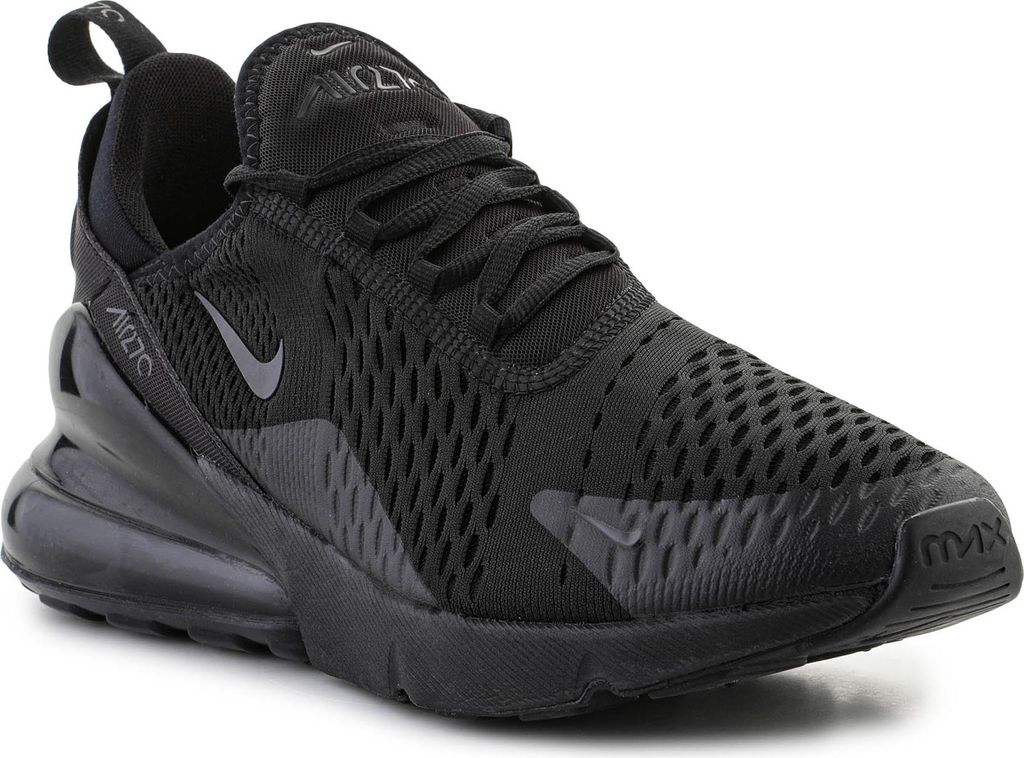 A black Nike Air Max 270 sneaker is shown from the side against a white background.