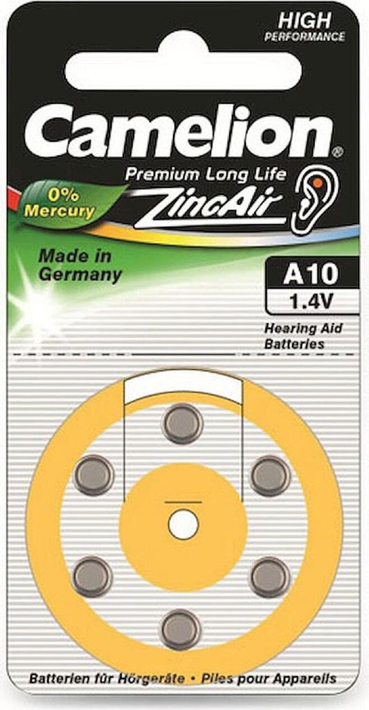 Camelion Hörgeraete Batterie Zink-Luft Zelle A10 0% Mercury/Hg Gelb 6 St - Batterie - 9V-Block