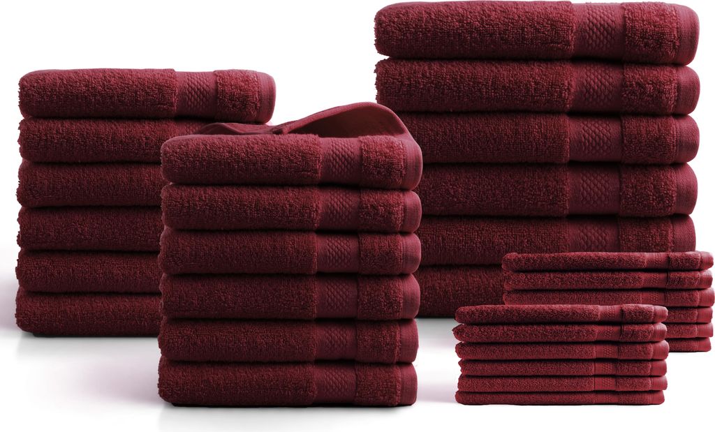DoubleDry Hotel Kollektion Handtücher Set - 30 Teilig - 100% Baumwolle - 500 g/m² - Weich - Saugstark - Bordeaux