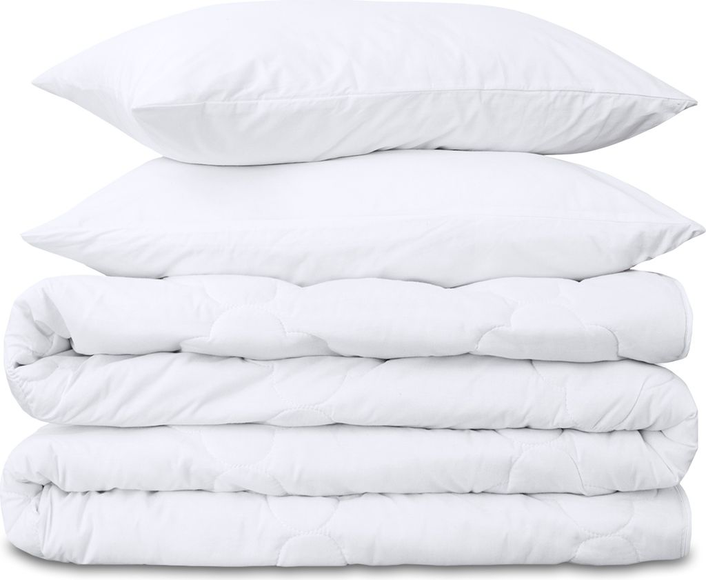 A stack of white bedding items, including two pillows and two folded duvets, is presented against a white background.