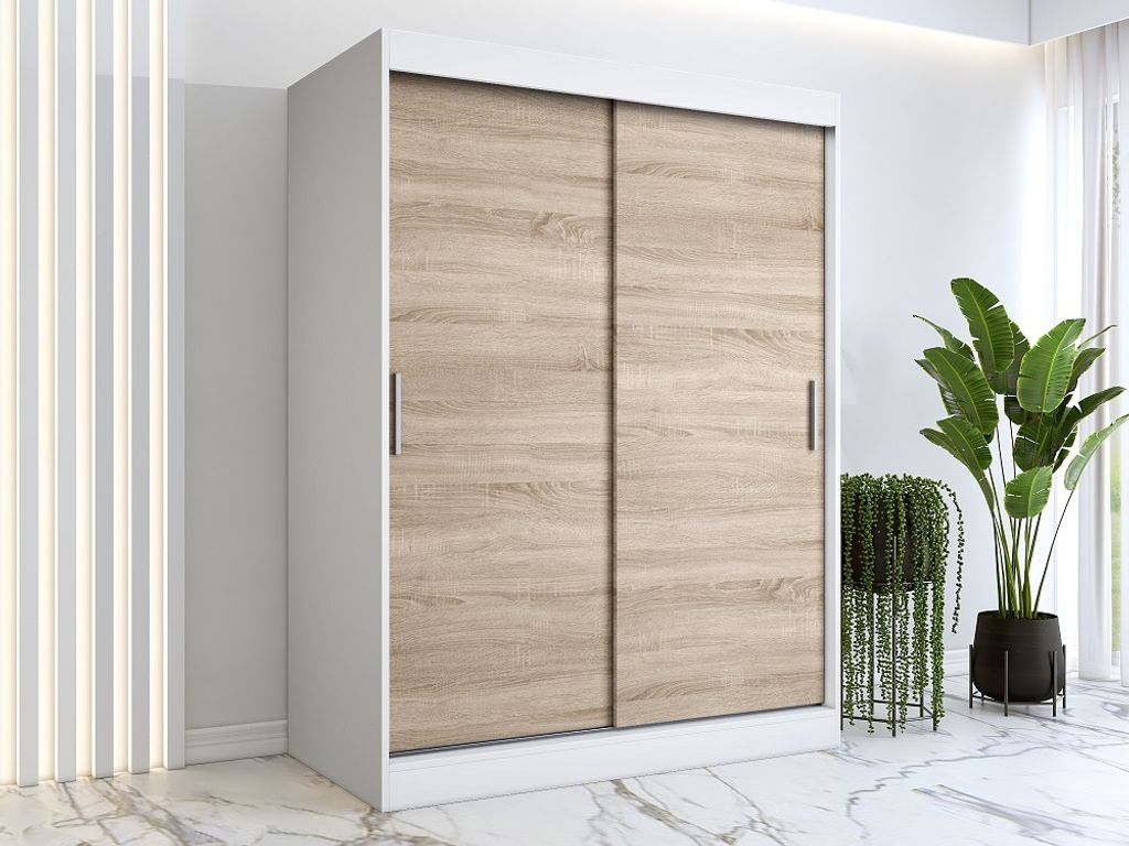 FurMeb24 Schiebetrenschrank GOLD -150x200cm 2-triger Kleiderschrank Ohne Spiegel, Schiebeschrank - (Weiss + Sonoma Eiche)