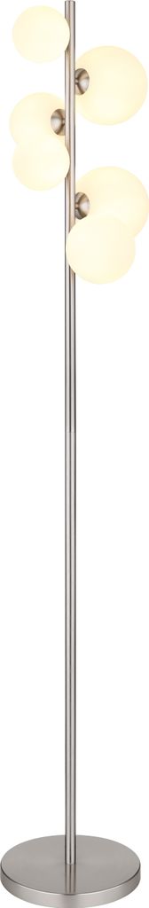 A modern floor lamp with a brushed nickel finish and five frosted glass shades.
