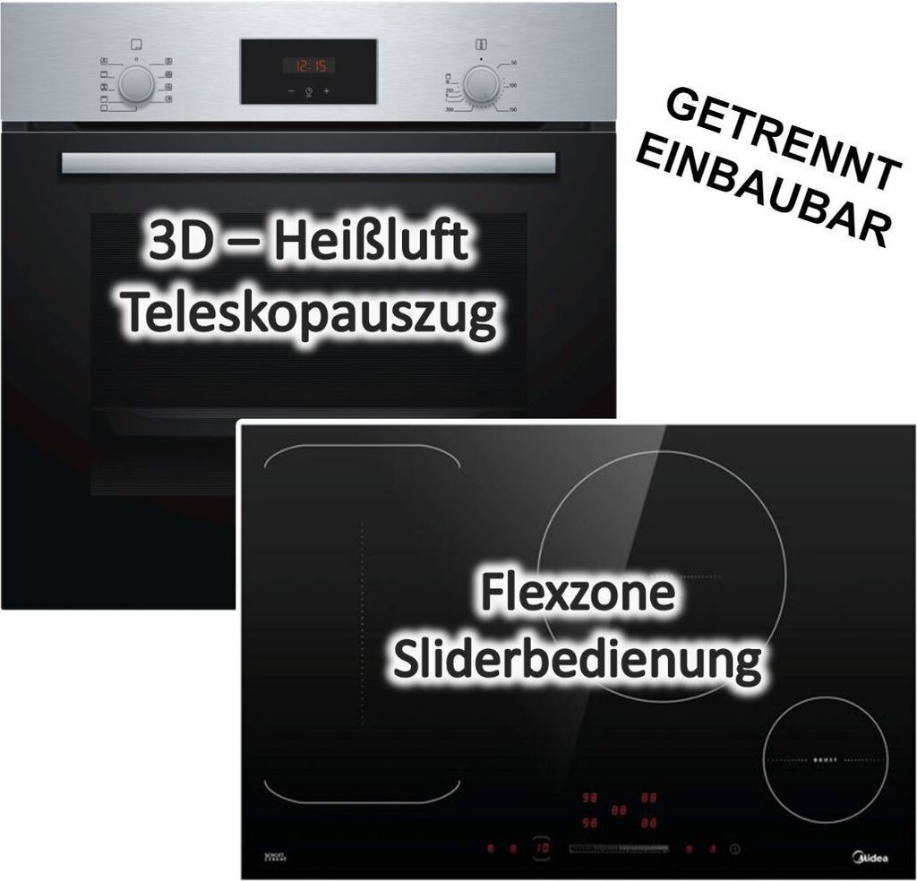 Herdset Bosch Einbau-Backofen Edelstahl Teleskopauszug + Midea Flex-Induktionskochfeld autark 77cm