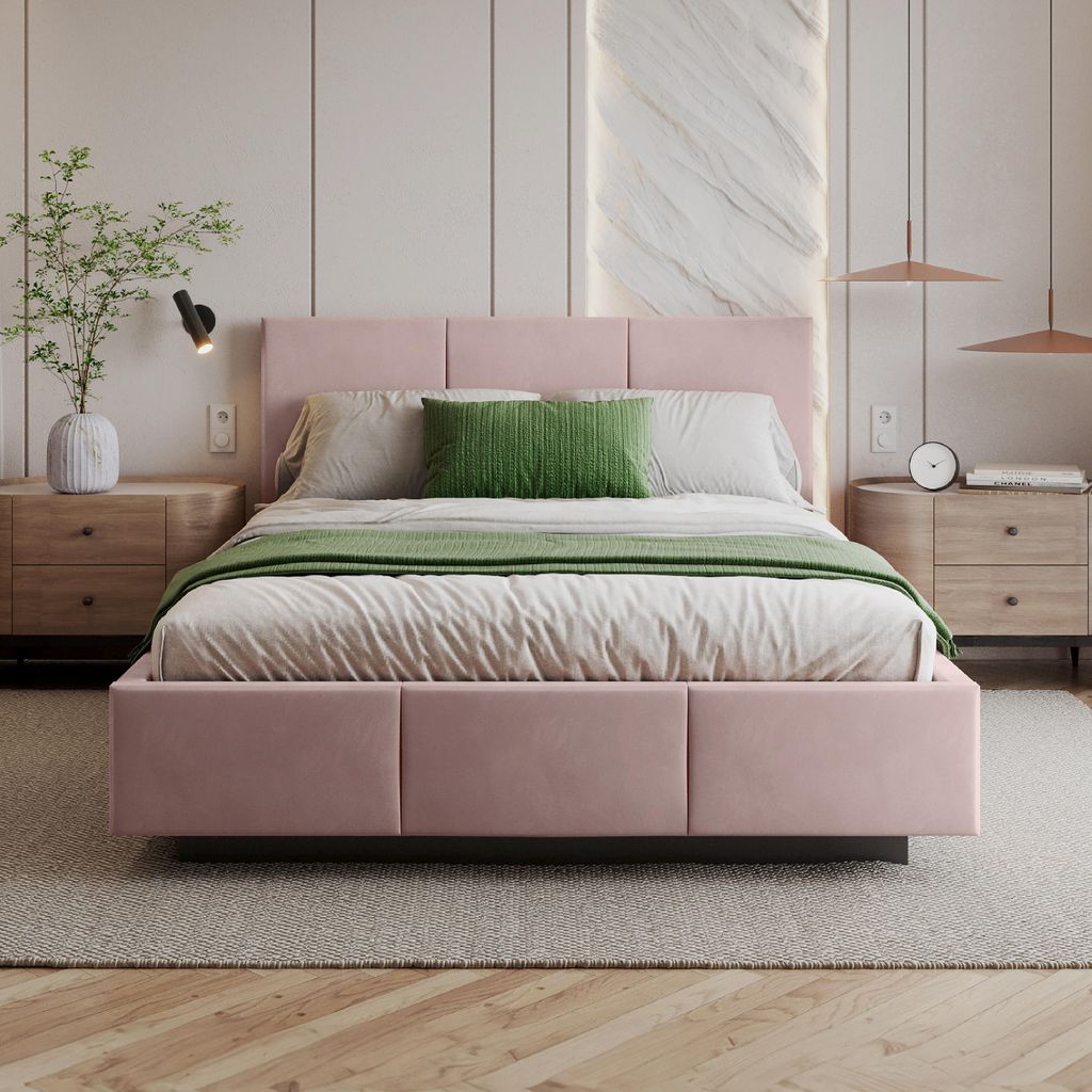 FDM Bett ALMADA Trinity 180x200 cm Polsterbett mit Lattenrost aus Metall Bettkasten Stauraumbett Samt altrosa