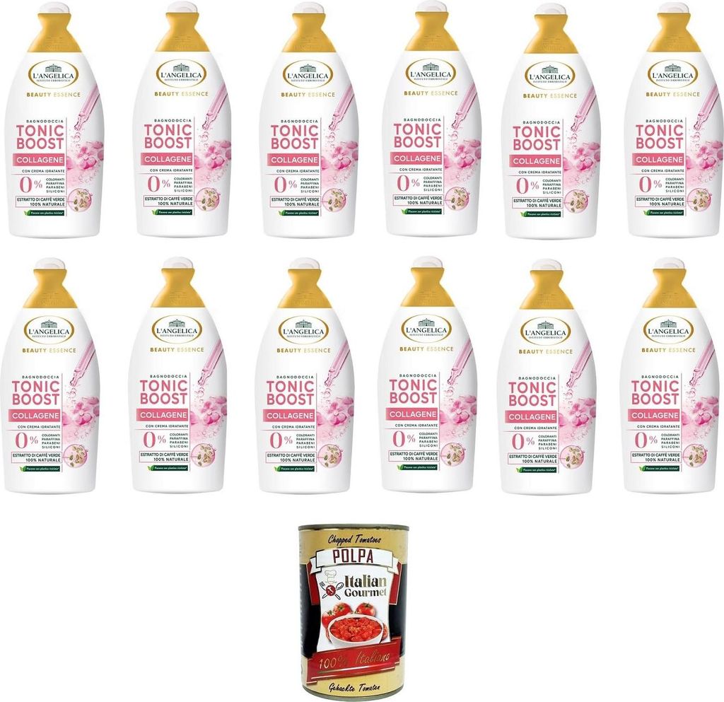 L'Angelica Beauty Essence Body Wash Tonic Boost Collagen mit Grünkaffee-Extrakt – 12x 520 ml+ Italian Gourmet polpa 400g