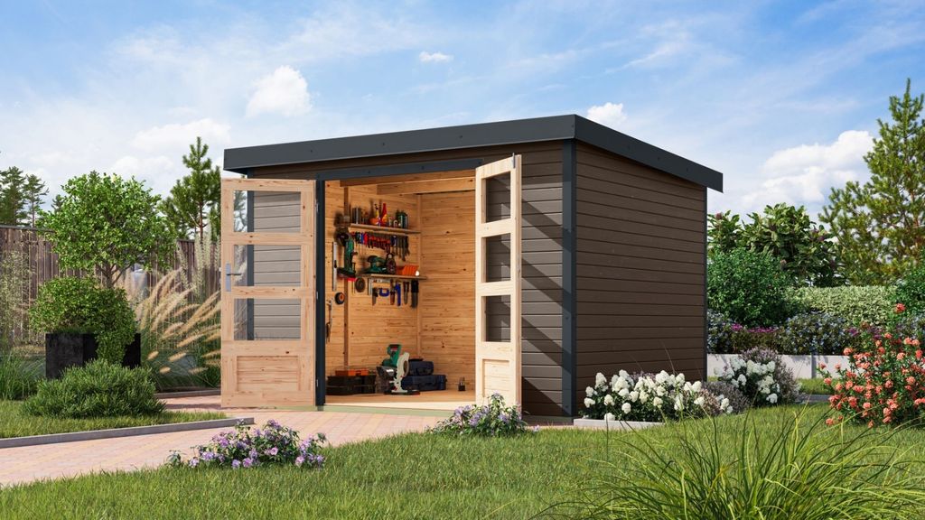 Karibu Gartenhaus Hybridhaus Metall Jupiter 5 terragrau 298,5x242,5x209 cm
