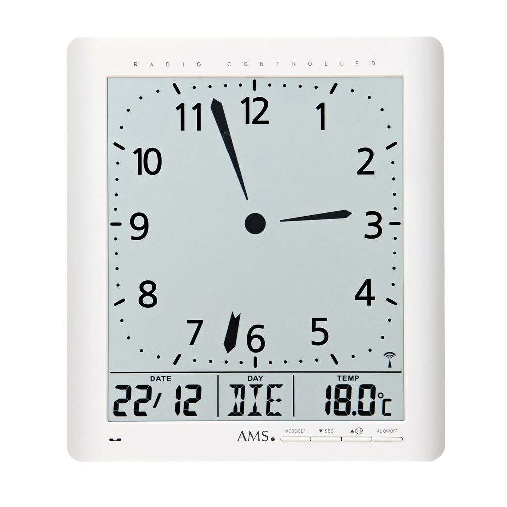 AMS Funk-Wanduhr, Funkwerk mit analoger Zeitanzeige und digitaler Anzeige von Zeit Datum Wochentag Temperatur, 21x24x3cm, 5896