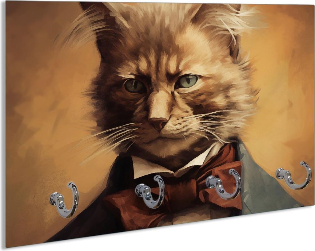 Wallario Schlüsselbrett aus Glas, Motiv: Katze im Anzug, 30 x 20 cm mit 4 Haken