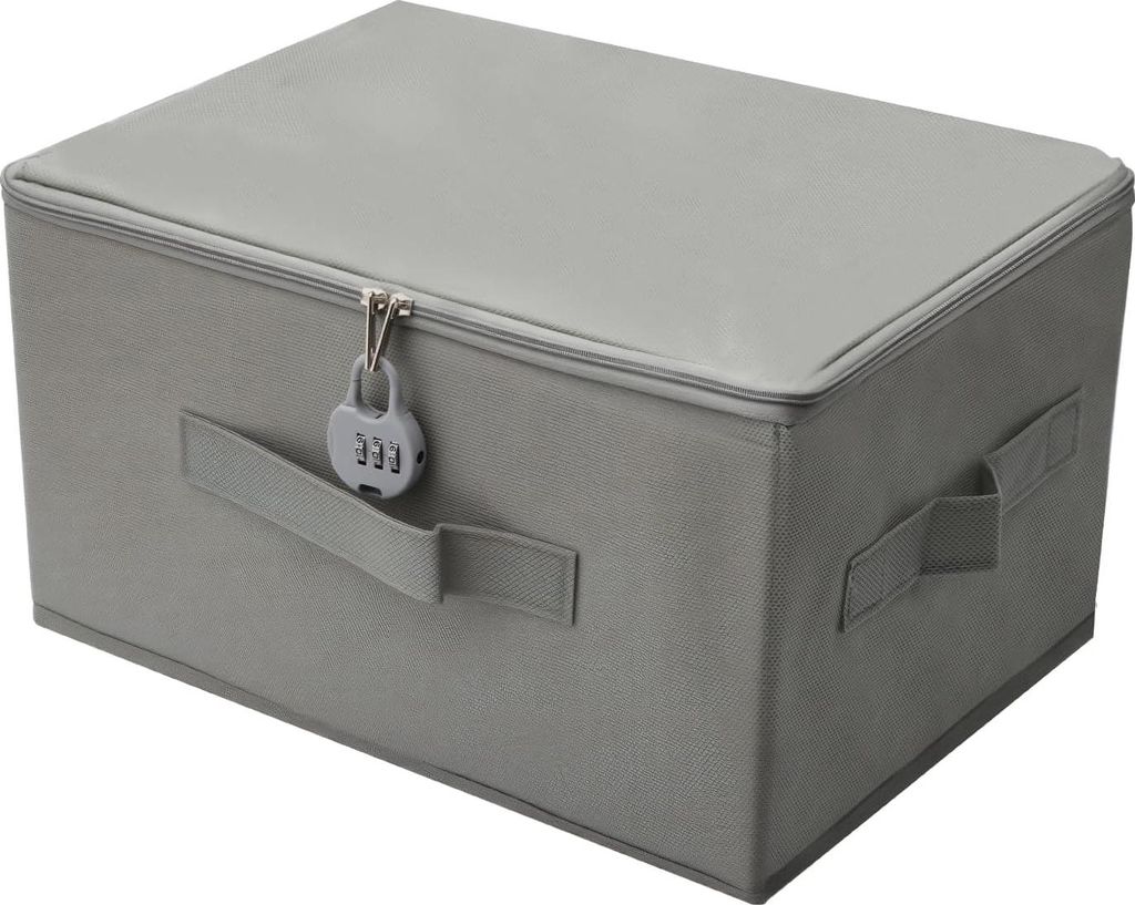 Aufbewahrungsbox mit Zahlenschloss - Stoffkartonbox - Grau - 35 x 22 x 17,5 cm - Medikamenten- und Spielzeugaufbewahrung