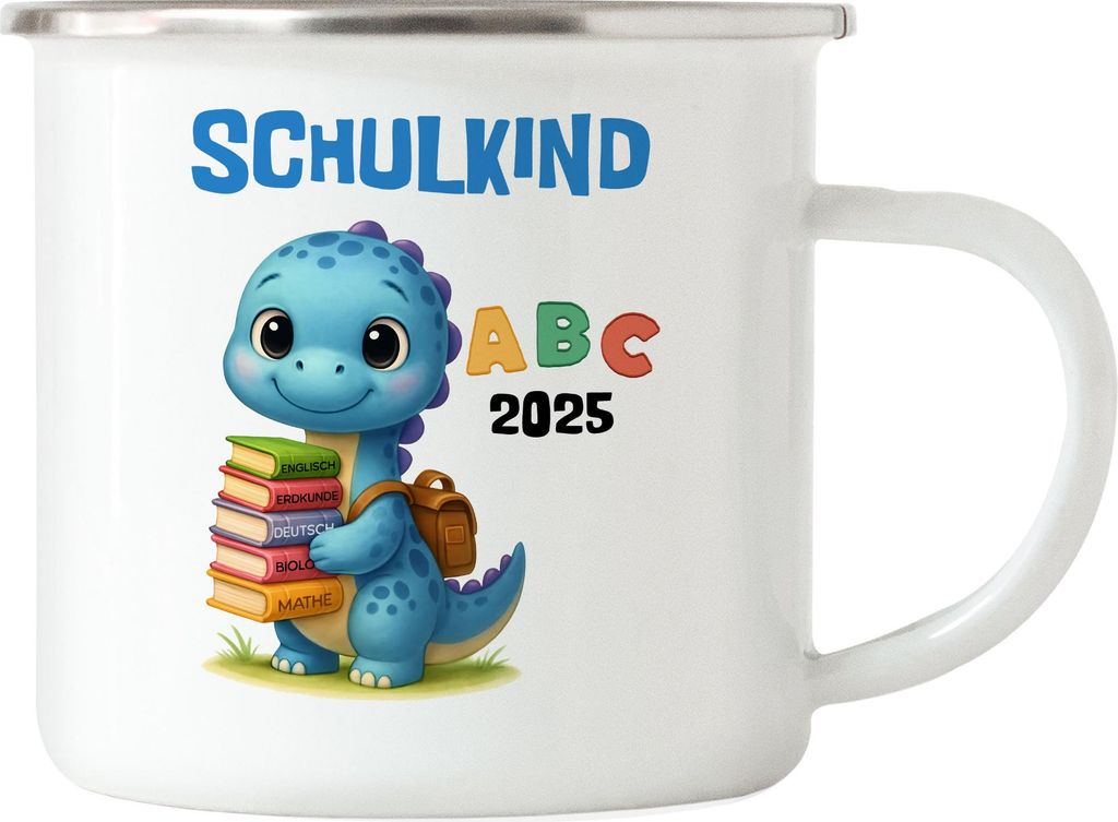 Schulkind 2025 Emaille Tasse Dino Geschenk Einschulung Erstklässler ABC Schule Start coole Idee