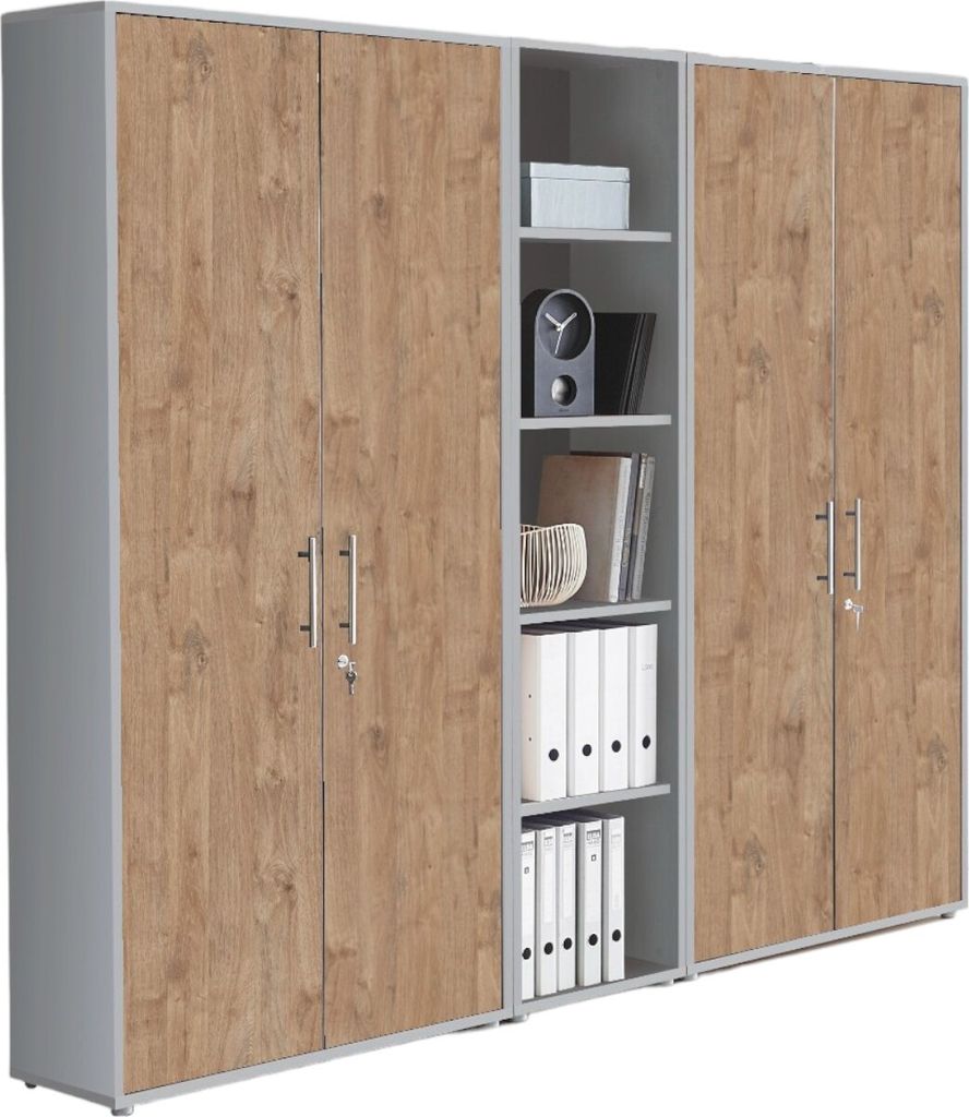 Aktenschrank TABOR 10 in lichtgrau / Gold Harbor Oak, Schrankwand, Büroschrank, abschließbar, Metallgriffe