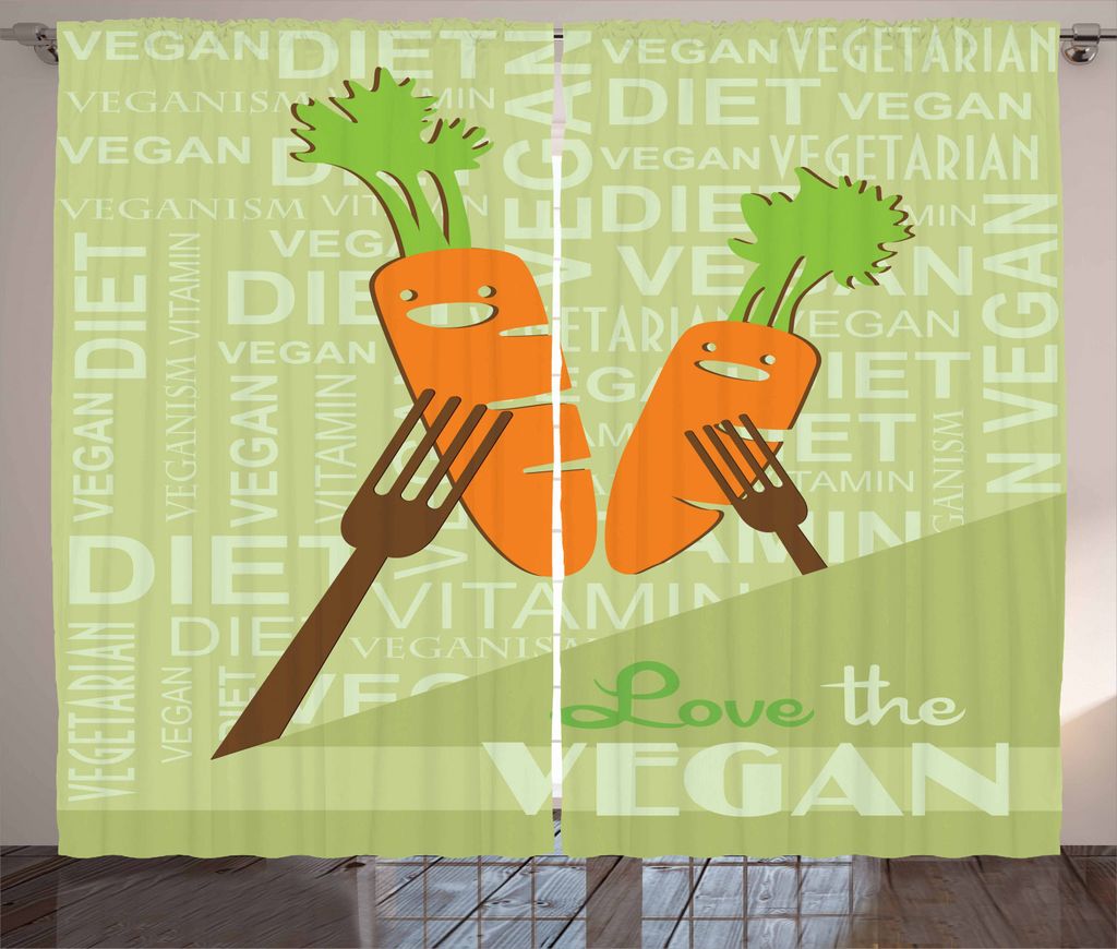 ABAKUHAUS Vegan Rustikaler Gardine, Lächelnde Karotten-Liebes-Vegan, Schlafzimmer Kräuselband Vorhang mit Schlaufen und Haken, 280 x 225 cm, Hell...
