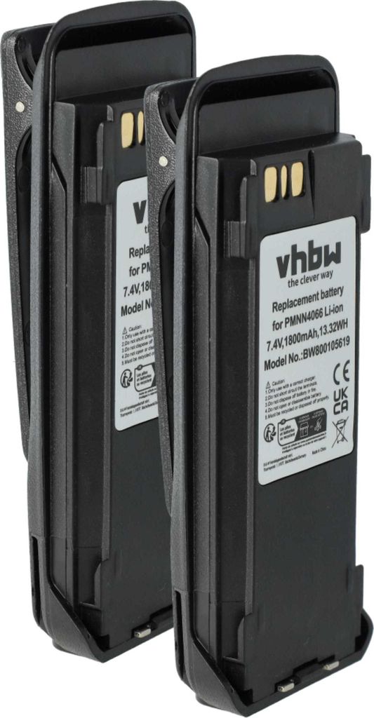 vhbw 2x Akku Ersatz für Motorola PMNN4103A, PMNN4101A, PMNN4102A, PMNN4101 für Funkgerät, Walkie Talkie (1800 mAh, 7,4 V, Li-Ion) + Gürtelclip