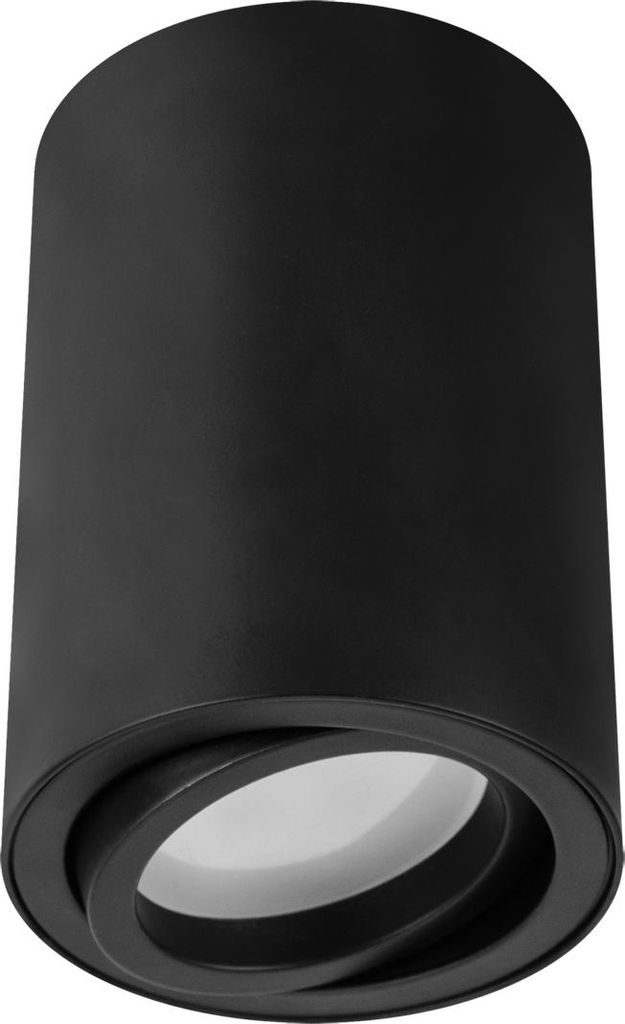 A black cylindrical ceiling light with a swiveling light source.