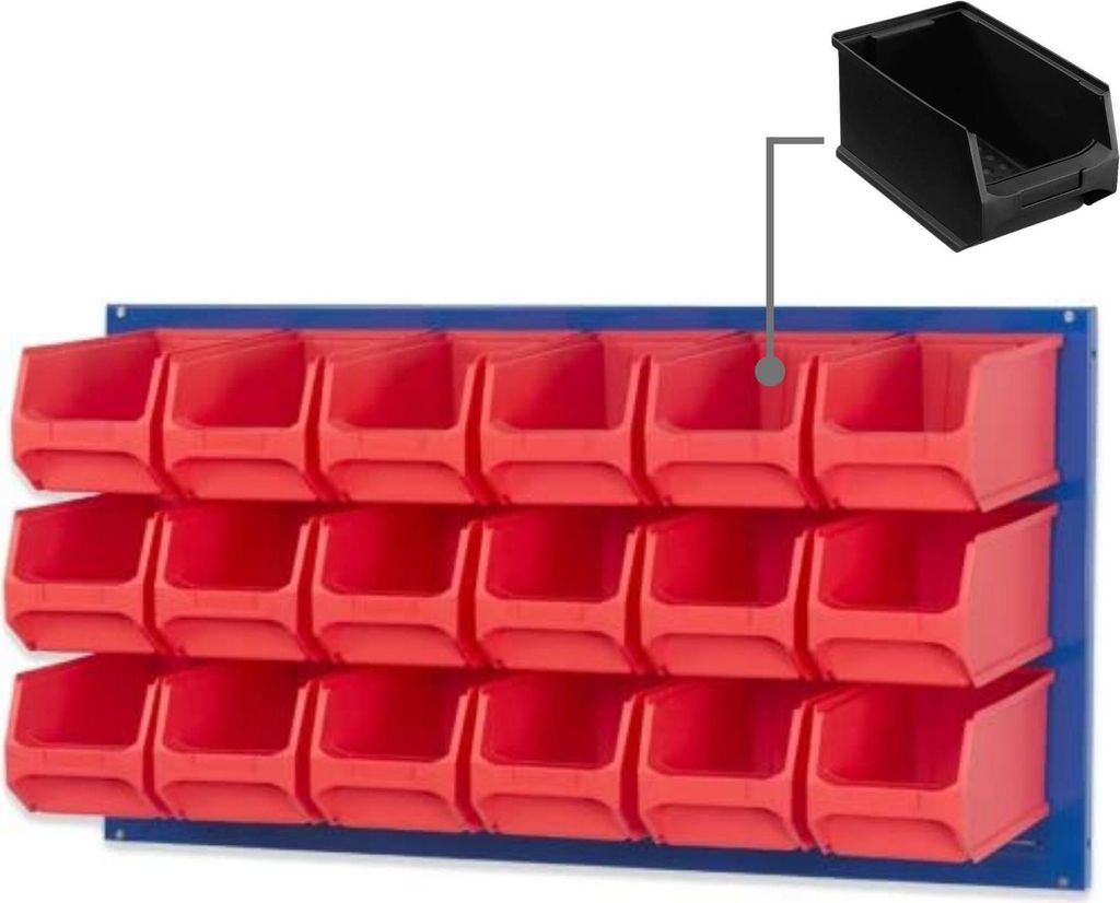 Trägersystem Blaue Systemplatte mit 18x leitfähigen Sichtlagerboxen 3.0 | Maße HxB 50x100cm | Sichtlagerbox, Sichtlagerbehälter, Sichtlagerkasten