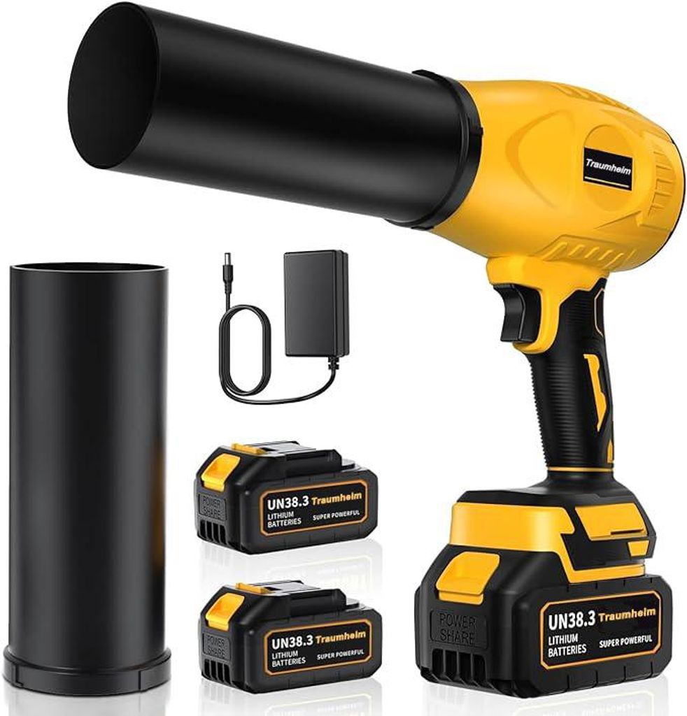 Akku Laubbläser mit 2x 3000mAh Akku und Ladegerät, 650W Bürstenloser Motor Leichtes Handgerät für Auto, Terrasse, Garten und Staubentfernung