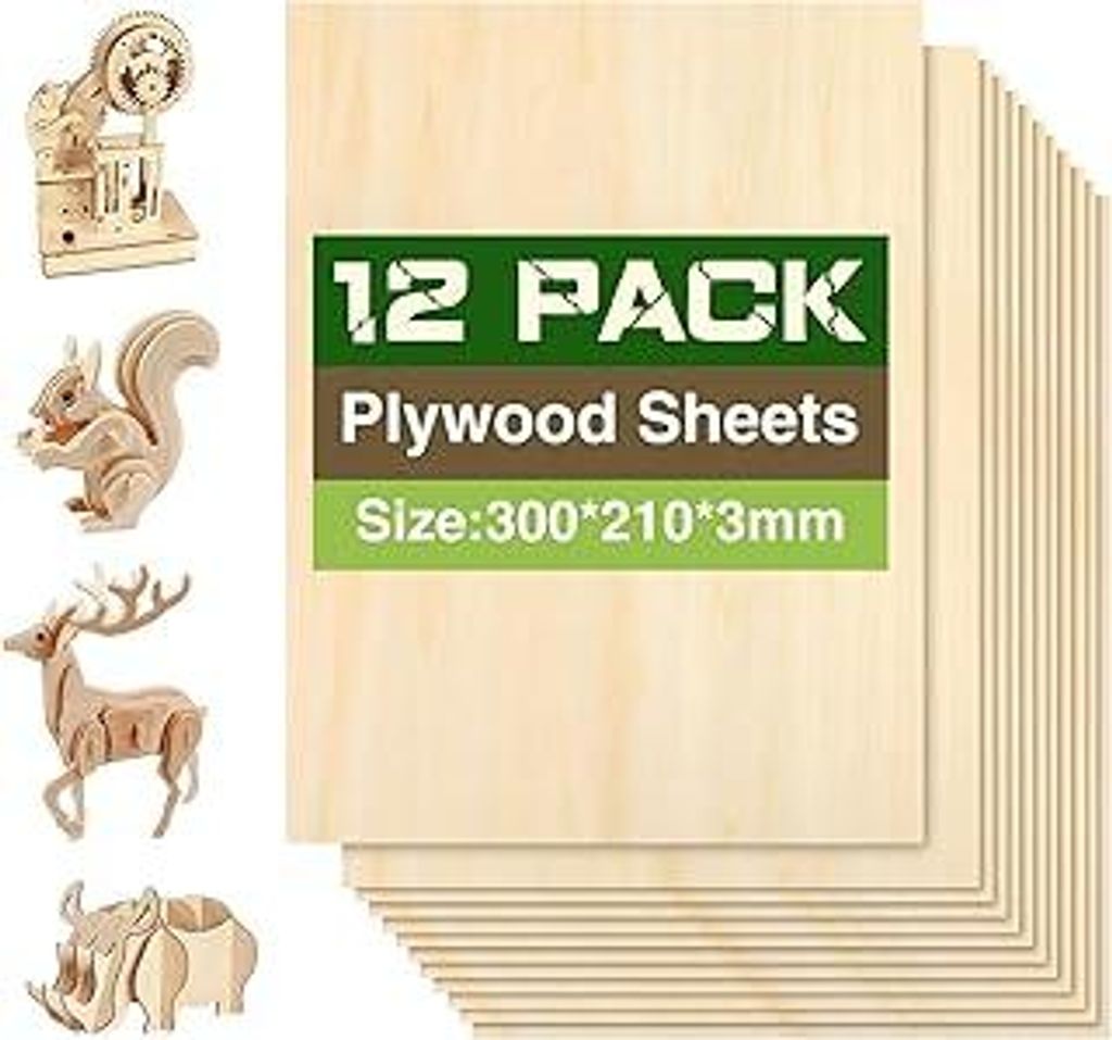 lompyeu Sperrholzplatte 3mm, A4 300x210mm 12 Stück Holzbrettchen?Bastelholz für Schnitzholz, DIY Bastelarbeiten, Holzzuschnitte, Modellbau