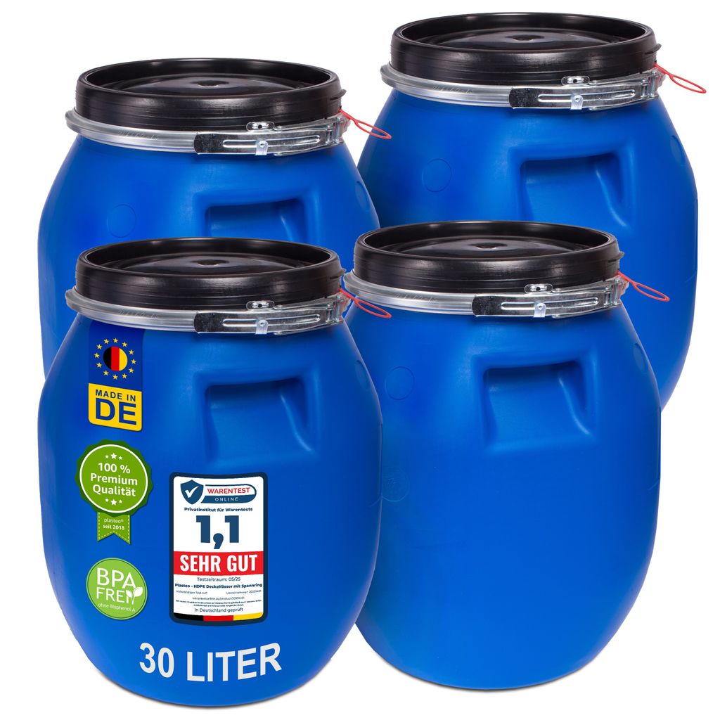 plasteo 4 Stück 30 Liter Deckelfass Weithalsfass Futtertonne Plastikfass Lagerfass Campingfass Transportfass Maischefass Regenfass Luftdicht