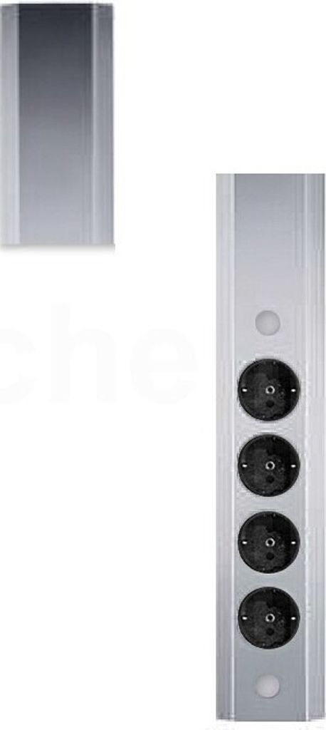A vertical power strip with four outlets and a small circular button above the outlets, set against a white background. A separate, smaller image of a silver rectangular prism is in the top left corner.