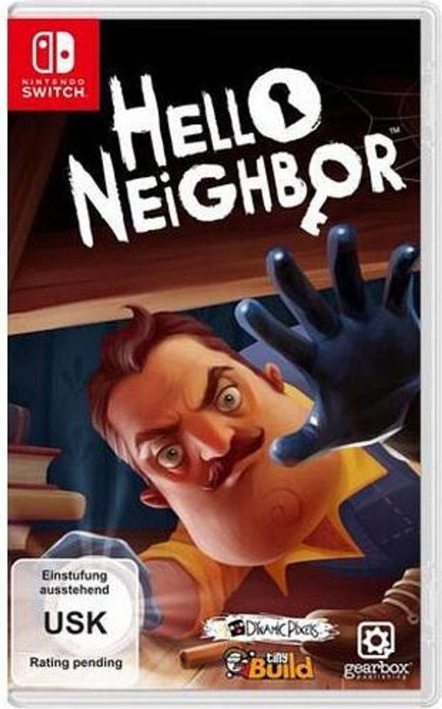 The cover art for the Nintendo Switch game 'Hello Neighbor', featuring the antagonist character.