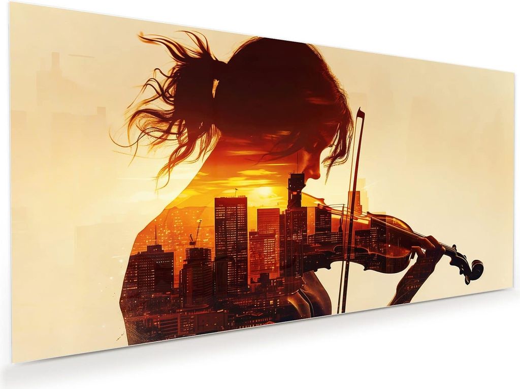 Glasbild 60x30cm in XXL für Wohnzimmer, Schlafzimmer Motiv Geige vor Skyline
