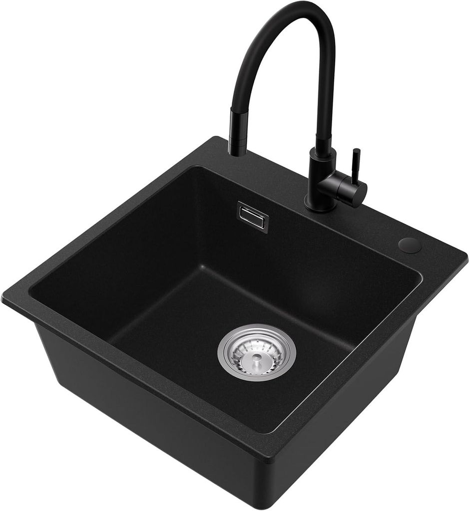 CECIPA MAX Spülbecken Granit 45x45 cm mit Küchenarmatur Schwarz, Kompakte Spüle für 45 cm Unterschrank, Flexibler Mischbatterie mit 2 Funktionen