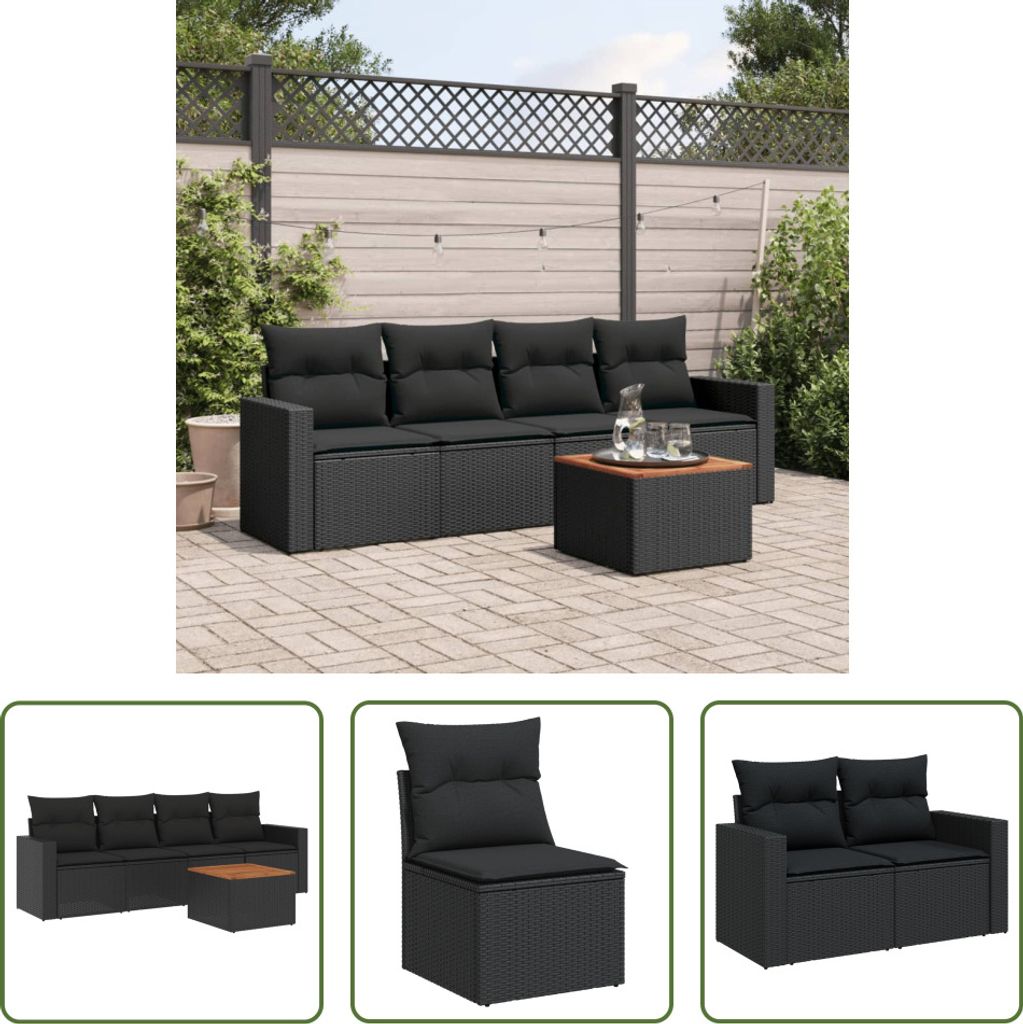 The Living Store 5-tlg. Garten-Sofagarnitur mit Kissen Schwarz Poly Rattan