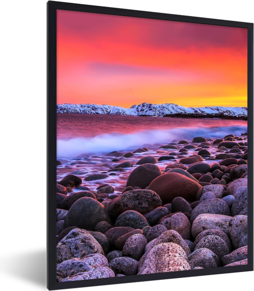 MuchoWow Gerahmtes Poster Sonne - Steine - Schnee - Landschaft - Wasser 60x80 cm - Poster mit Schwarzem Bilderrahmen Wandposter Rahmen Foto Bilde...