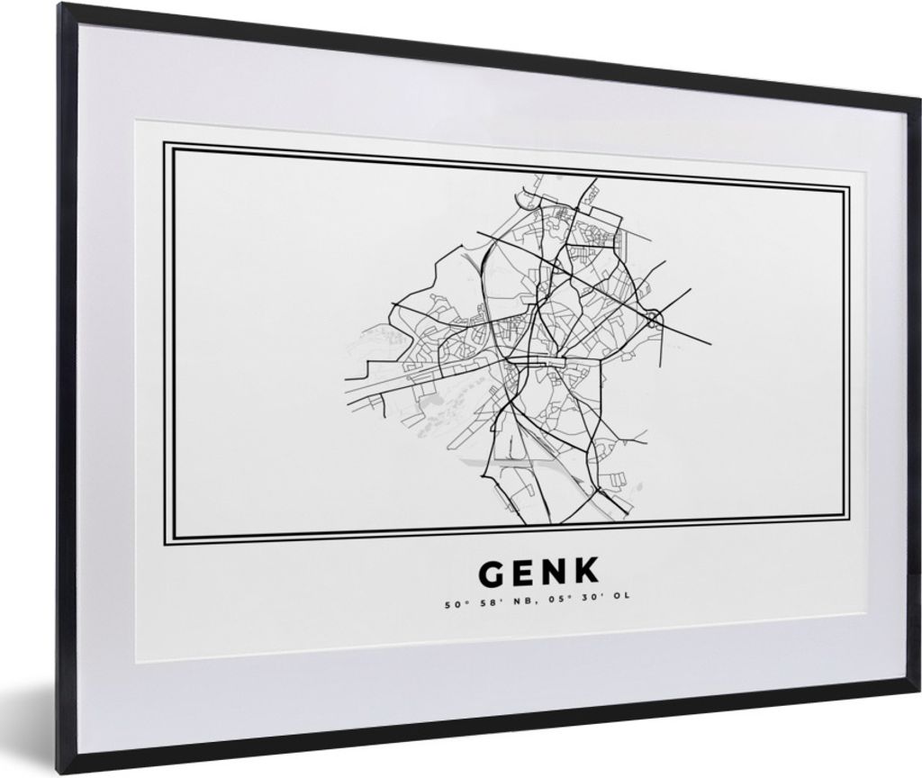 MuchoWow Gerahmtes Poster Karte - Stadtplan - Genk - Belgien - Schwarz und weiß 60x40 cm - Poster mit Schwarzem Bilderrahmen Wandposter Rahmen F...