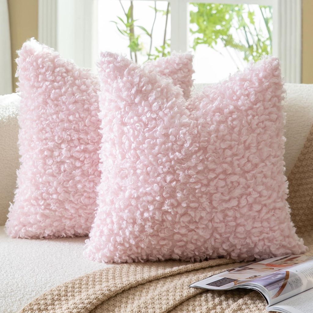 Set mit 2 Kissenbezügen, 45 x 45 cm, rosa Bouclé-Kunstfell, dekorativer Sherpa-Kissenbezug, dicke, flauschige Fleece-Kissenbezüge, Dekokissen, S...